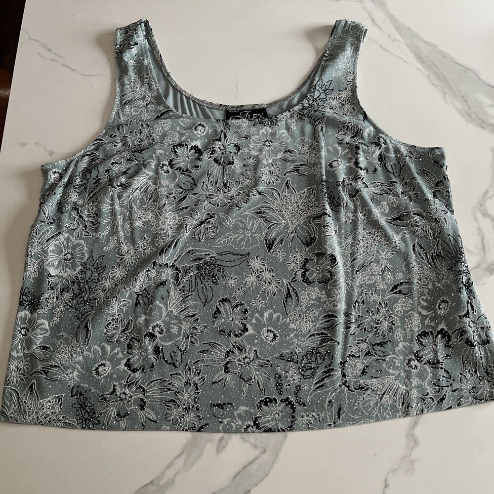 ALEX EVENINGS Blouse Womens 3X Tank Top Sleeveless Sage Green W/ silver Sparkle