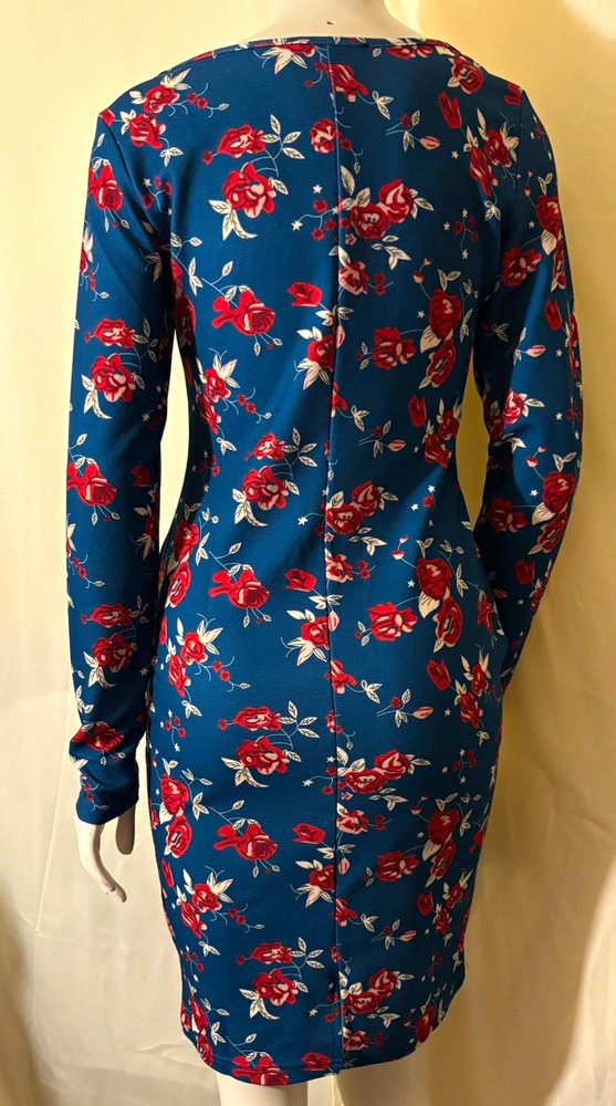 SHEIN Blue Floral Bodycon Short Dress Square Neck Long Sleeve Stretch Size S