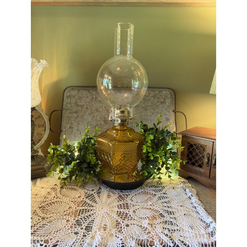 Vintage Amber Glass Oil Lamp Diamond Point Quilted Hurricane Lantern 12 Inch