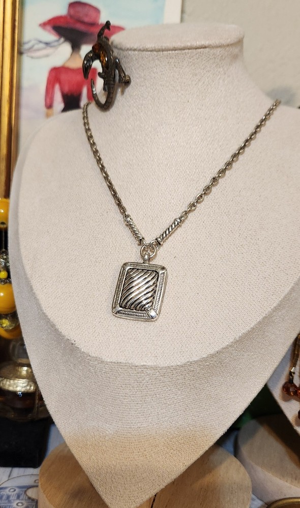 Napier Silver Tone Patterned Rectangular Stationary Pendant Necklace