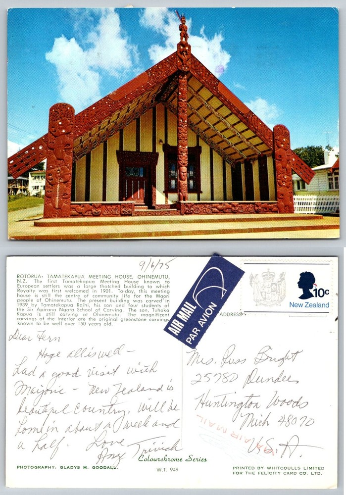 Rotorua Tamatekapua Meeting House Ohinemutu NZ Postcard 1975 Maori Culture