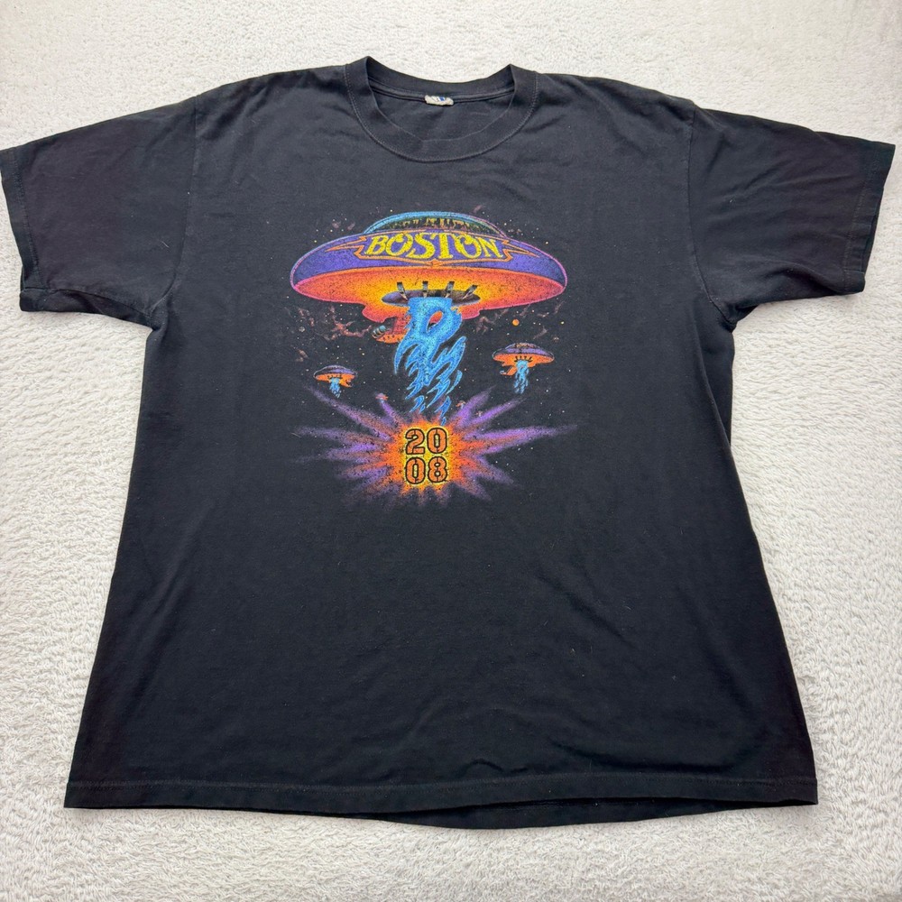 Boston 2008 Summer Tour Graphic T-Shirt Mens Black Anvil Rock Band Tee