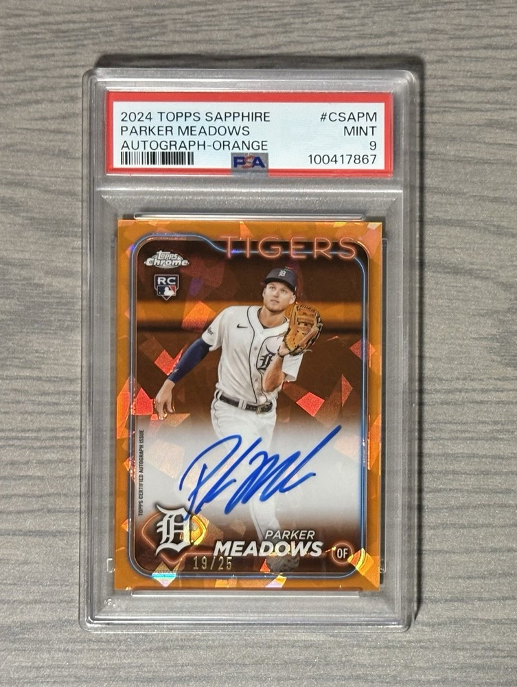 2024 Topps Chrome Sapphire Parker Meadows Orange Auto Rookie Card /25 PSA 9