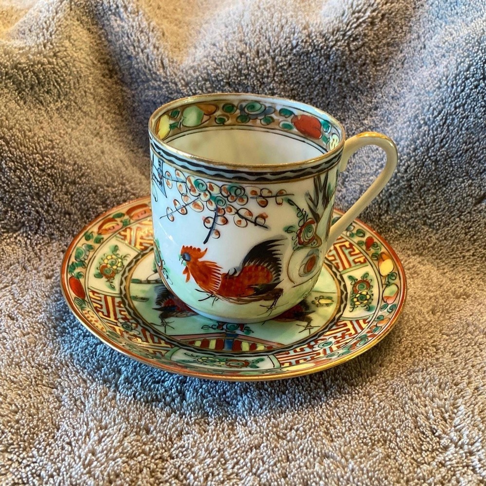 Mid Century Famille Rose Rooster Tea Cup Saucer Hand Painted Hong Kong Porcelain