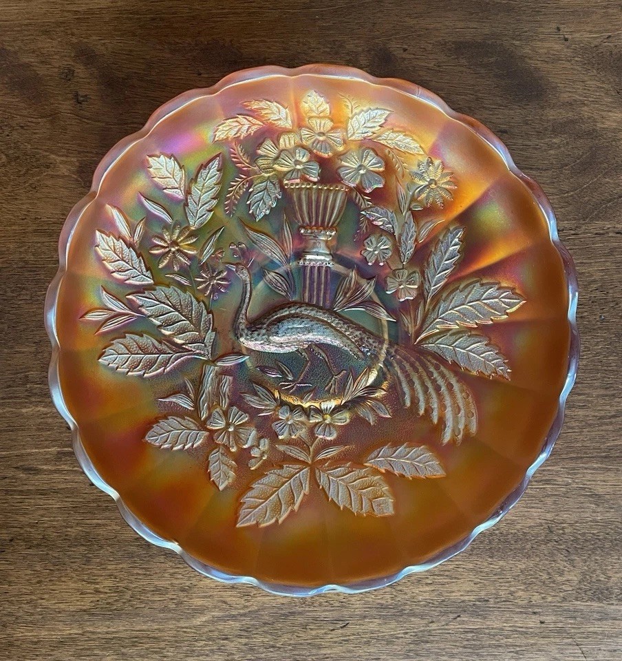 Antique Signed Northwood Peacock at the Urn Carnival Glass Ruffled Bowl Marigold
