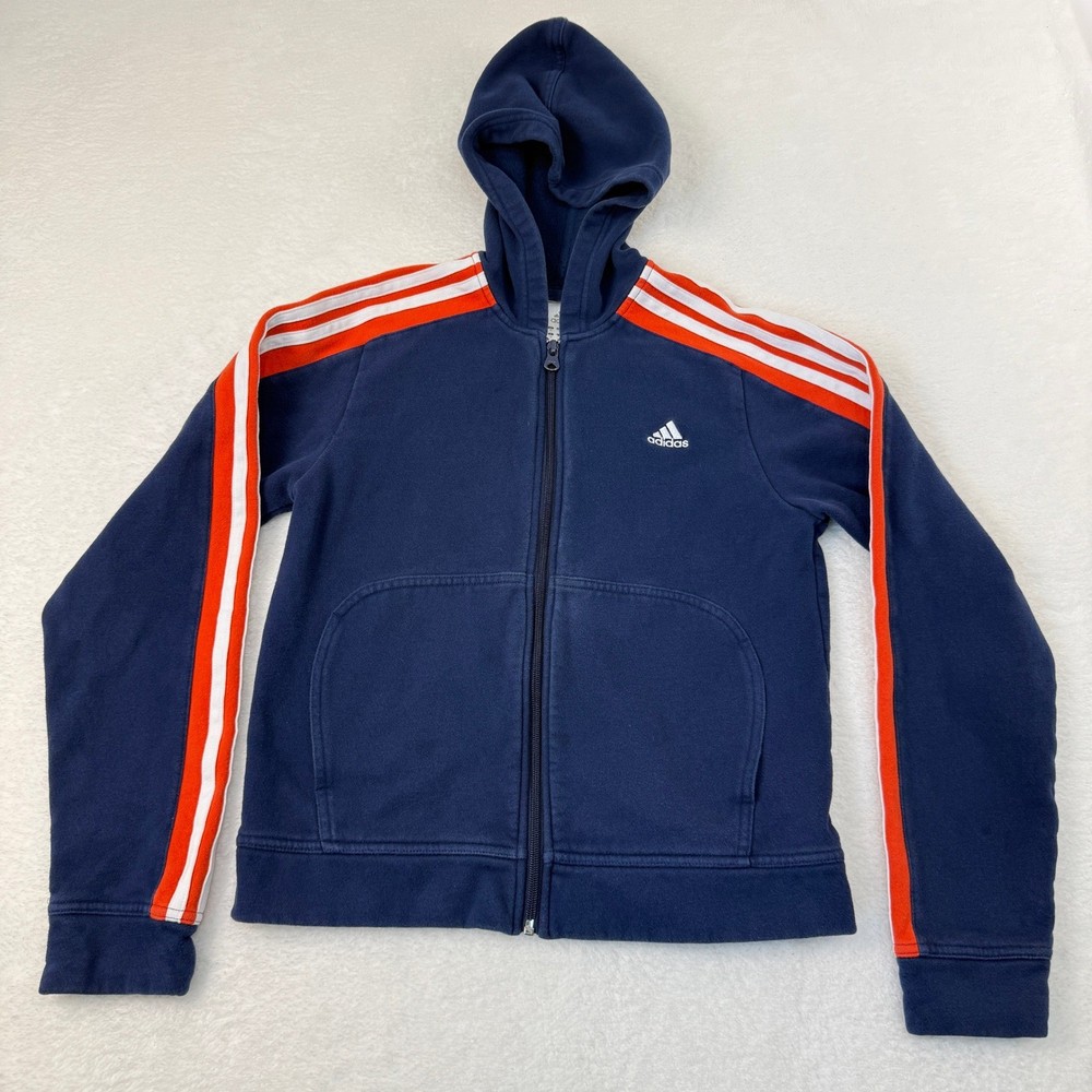 Vintage Y2K Adidas Zip Up Hoodie Women Medium Navy Blue Orange Three Stripe