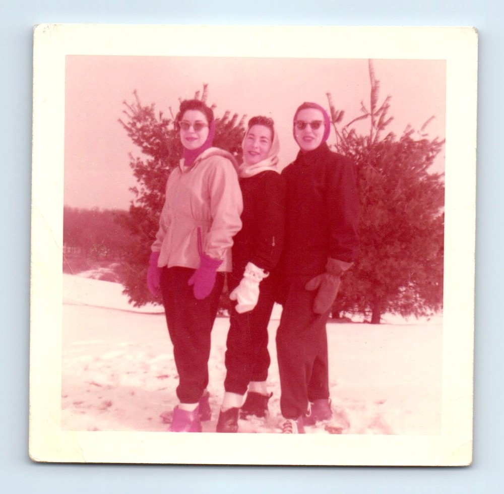 Old Vintage Square Color Photo TRIO WOMEN THREE GRACES SNOW WINTER SCENE CUTE