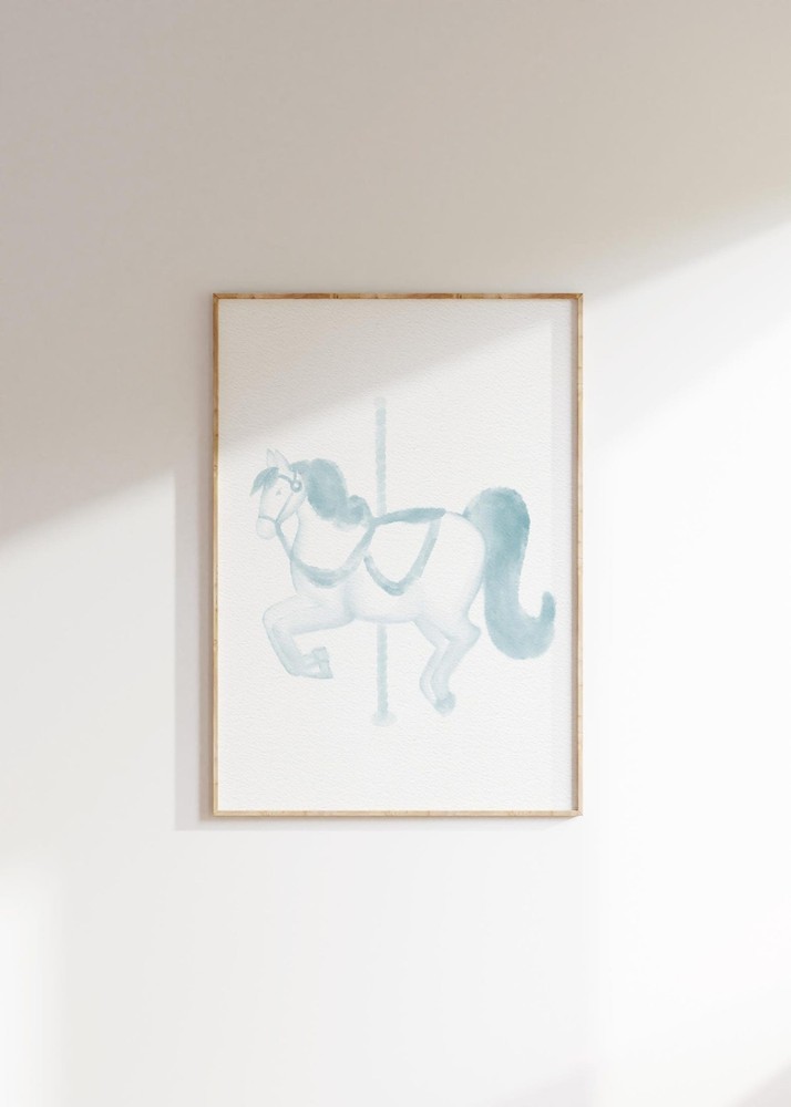 Carousel Horse Art French Nursery Decor Carnival Art Light Blue Watercolor