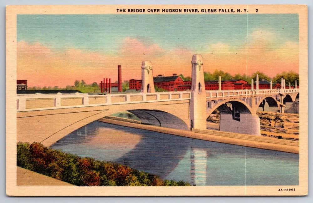 Glens Falls New York~Bridge Over The Hudson River Scene~Vintage Linen Postcard