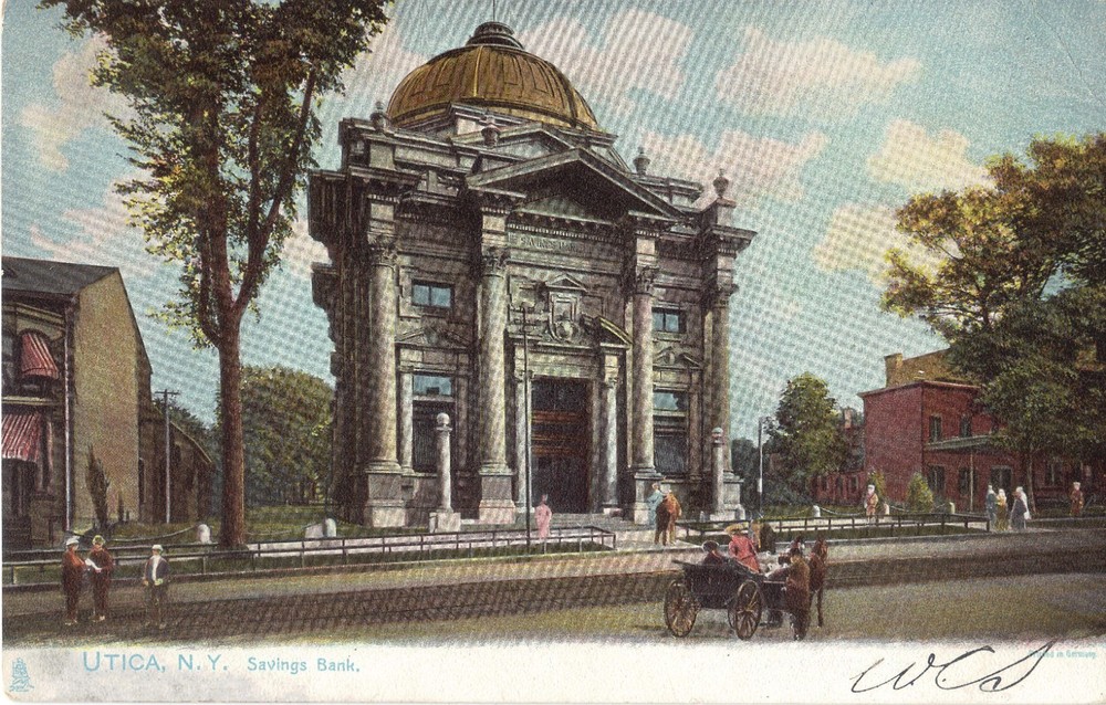 Utica NY Savings Bank  UDB TUCK Postcard Street Scene Horse & Carriage