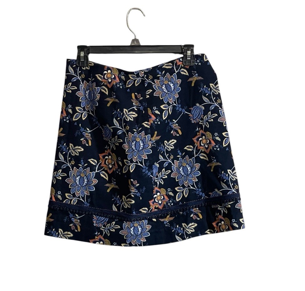 Loft Women A-Line Mini Skirt Med Floral Navy Blue Tapestry Boho Feminine