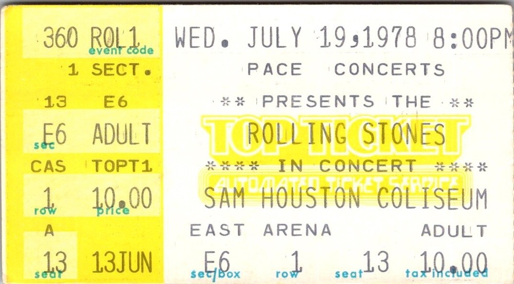 Rolling Stones Ticket Stub, Sam Houston Coliseum, July 19 1978