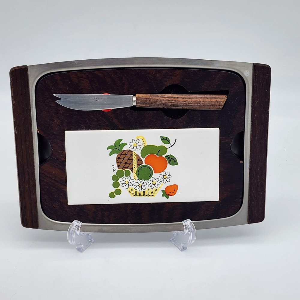 Vintage Teak and Chrome Cheese Tray with Fruit Tile Magnetic Knife Holder