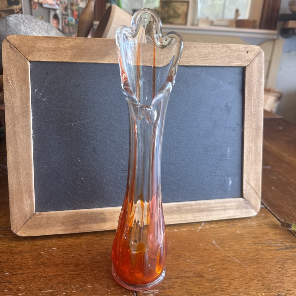Vintage Cobalt Orange 5 Finger Swung Art Glass  Vase Hand Blown MCM pulled