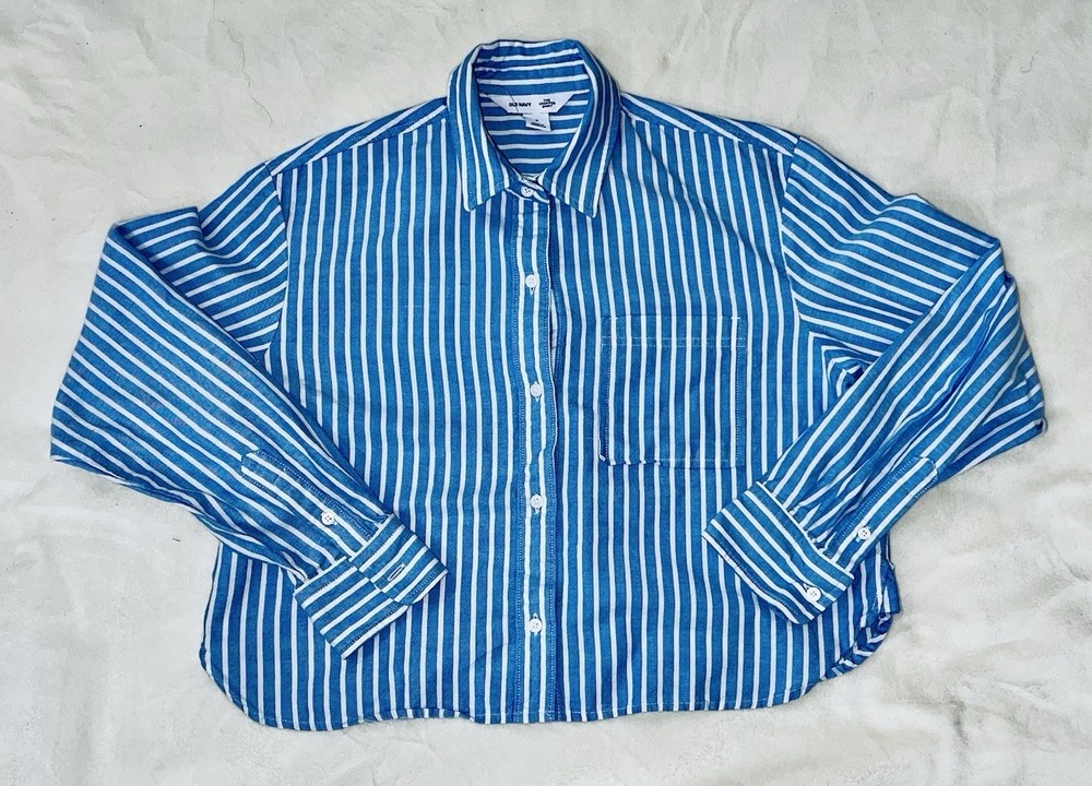 Old Navy Blue White Striped Cropped Button-Up Shirt Collared Long Sleeve Size S