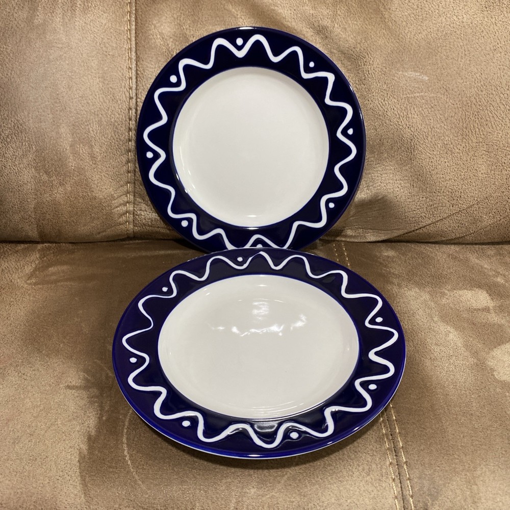 Dansk DAN91 Cobalt Blue Rim with White Wavy Lines 9.5” Luncheon Plate set of 2