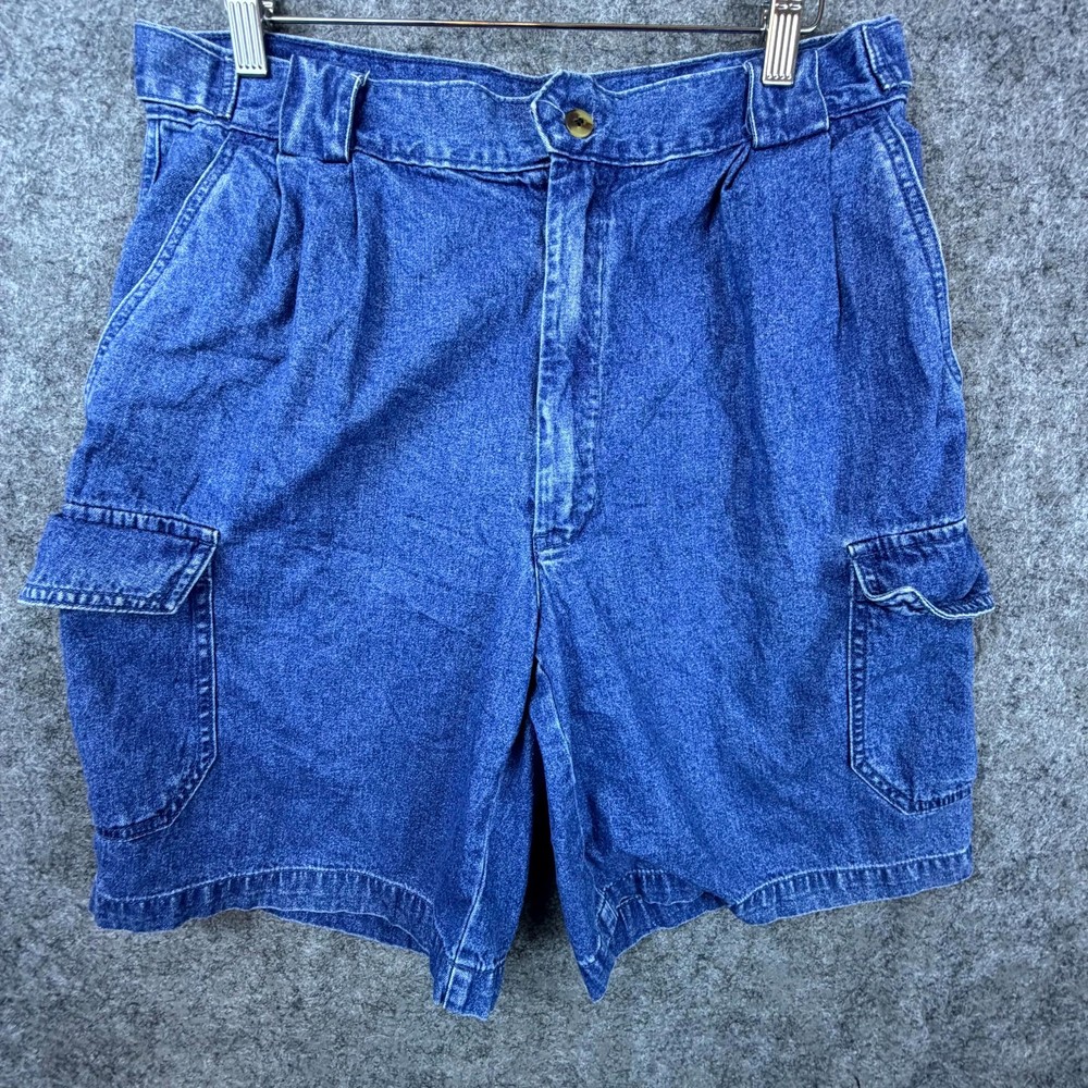 Vintage Bugle Boy Cargo Shorts Mens 32 Blue Denim Pleated 100% Cotton Skater