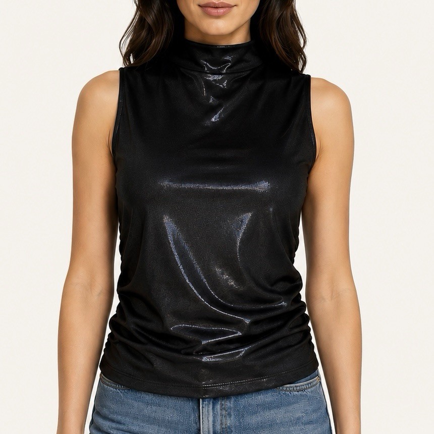 Express Women’s Black Metallic Mock Neck Ruched Sleeveless Tank Top Size Large