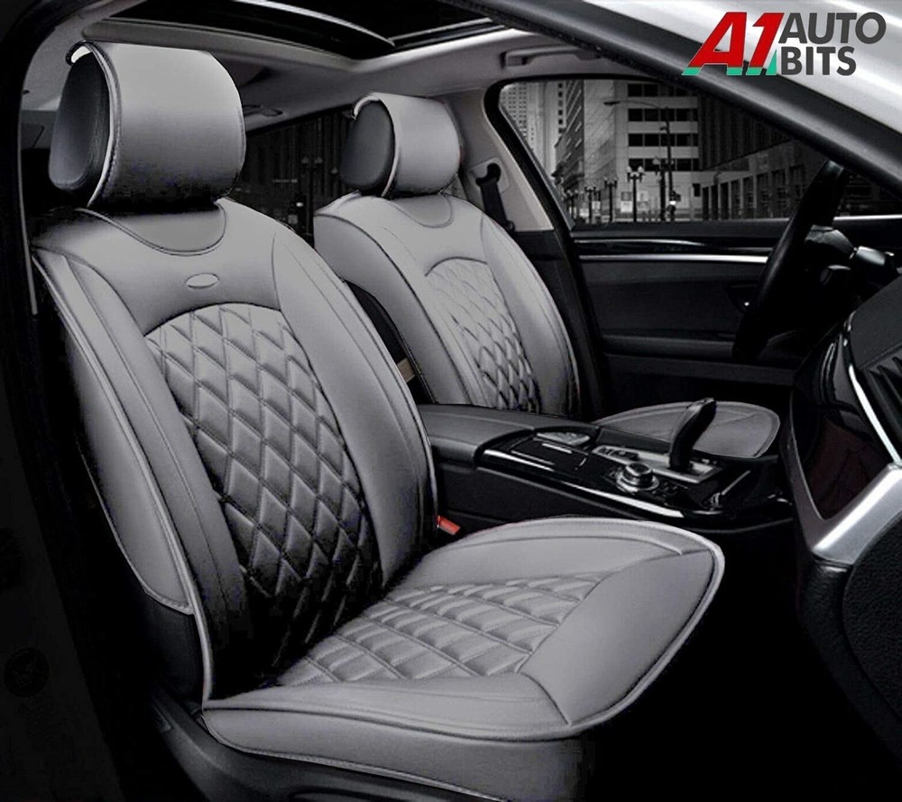 Grey Quilted Diamond Quality Front Car Seat Covers Pu Leather Dog Pet Protector