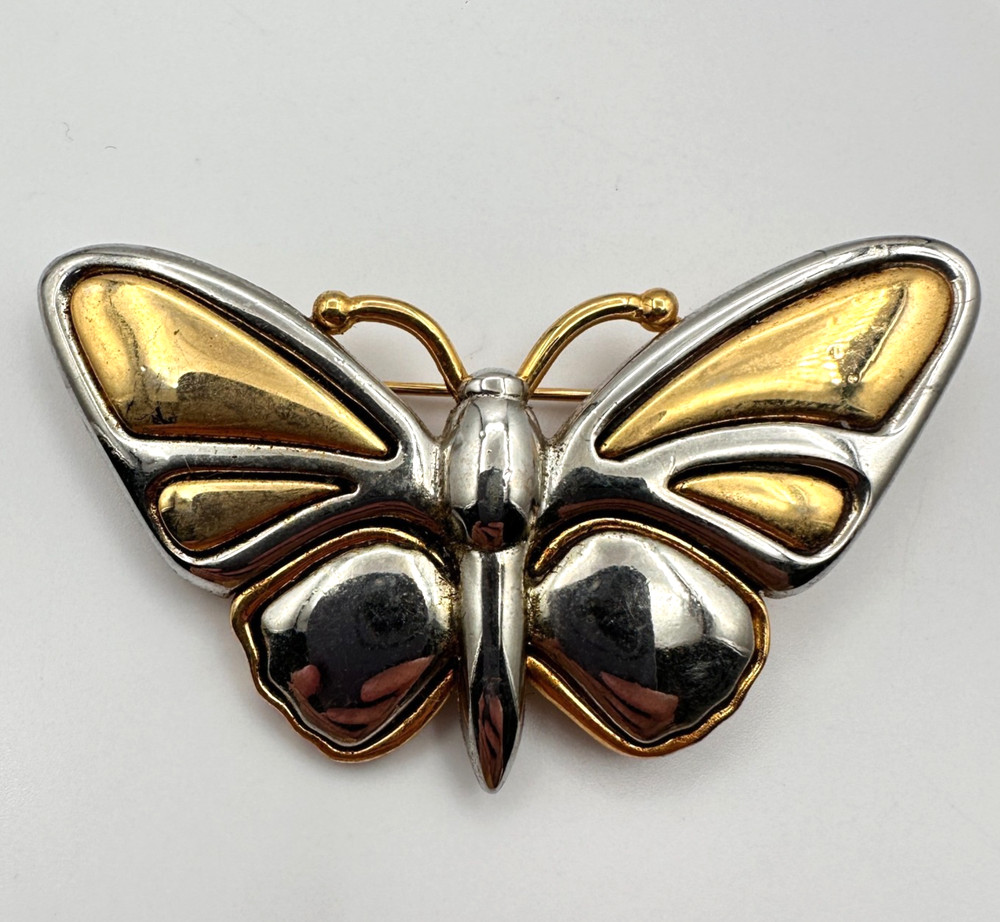 Vintage 80s Lz Claiborne Two-Tone Gold Silver Butterfly Brooch Pin Retro Jewelry
