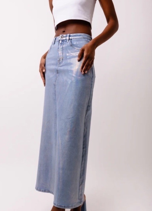 NWT Women’s Back Slit Maxi Skirt Metallic Denim By Asos AMYLYN Size 6