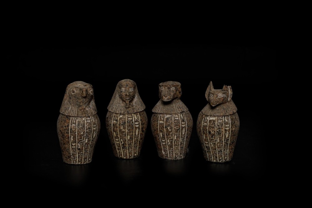 Ancient Egyptian Antiques Canopic Jars Set Antique Hieroglyphic Stone Figures BC