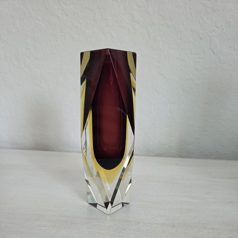 Vintage Murano Faceted Glass Vase Sommerso by Flavio Poli Maroon and Amber 6.5