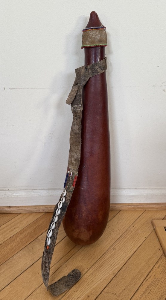 22” Vintage Maasai Beaded Milk Gourd Container Cowrie Shells Kenya African Art