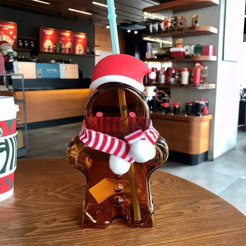 New Starbucks Christmas Gift Gingerbread Man Shaped Glass Straw Cup Tumbler