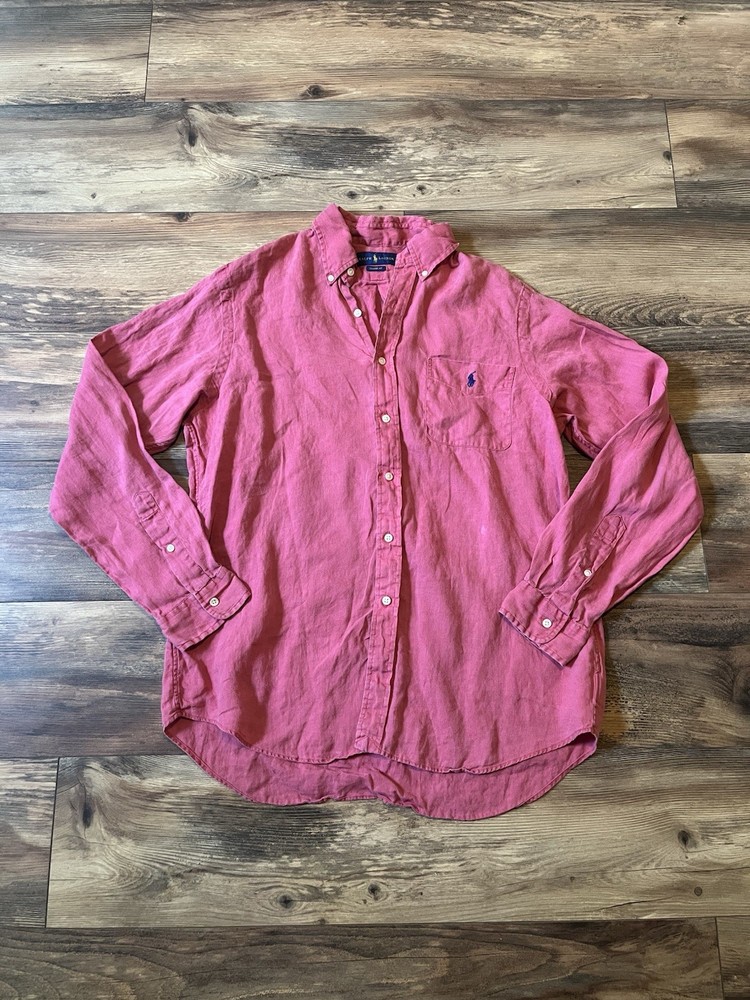 Polo Ralph Lauren Coral Pink Linen Button Up Long Sleeve Shirt Classic Fit L
