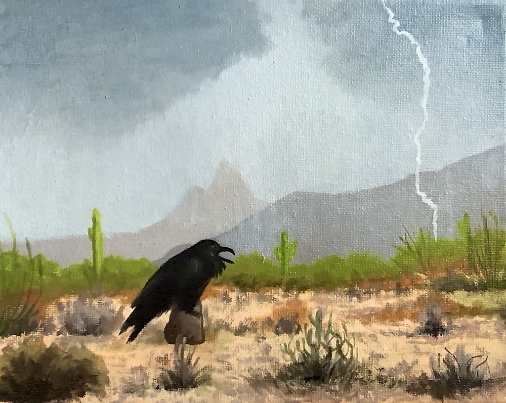 Raven and Lightning Southwest original plein air oil painting desert art