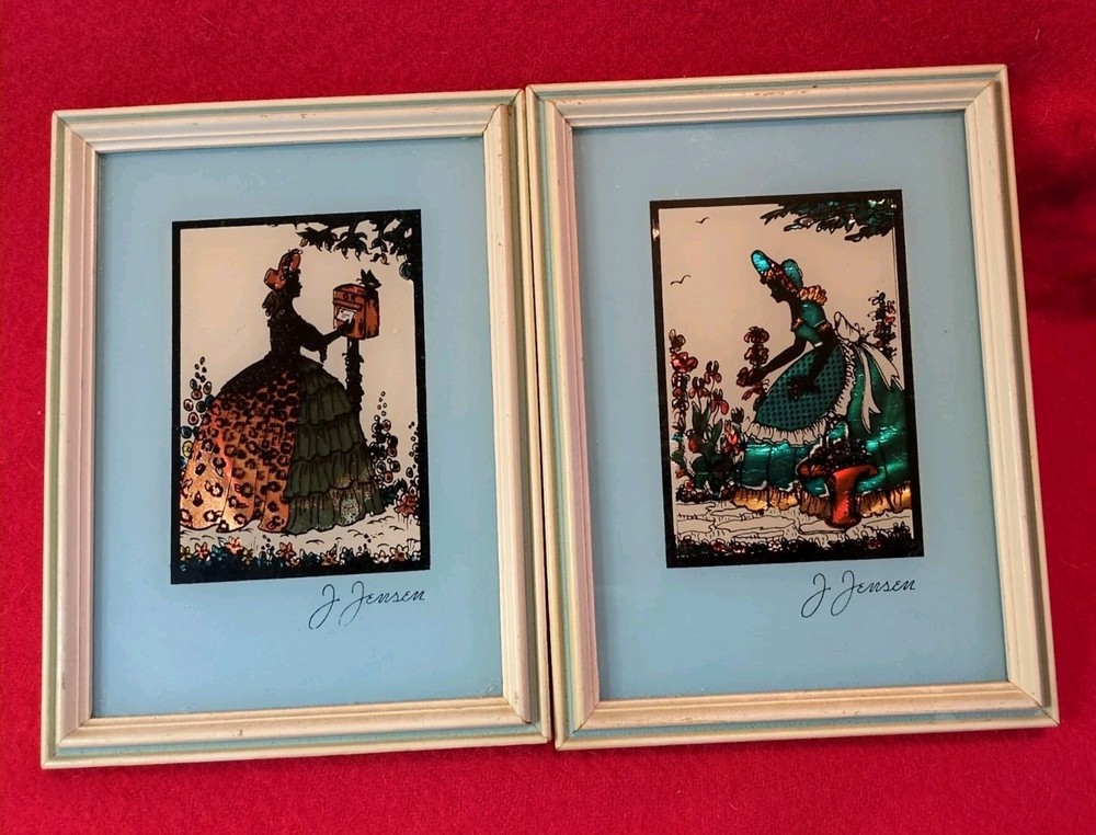 2 Vintage 1930s-50s  Silhouettes Reverse Painted J Jensen Tinsel Glass Pictures