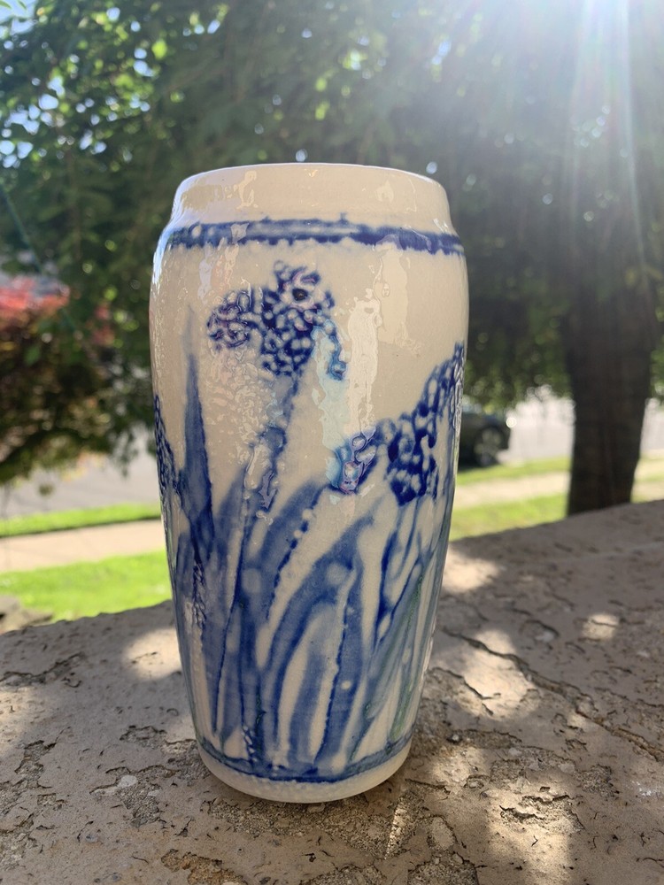 Vintage Pottery Vase Iris Flower Signed