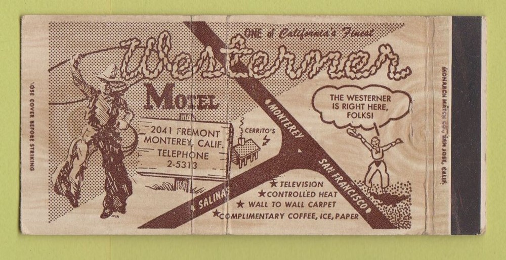Matchbook Cover - Westerner Motel Monterey CA Full Length 30 Strike