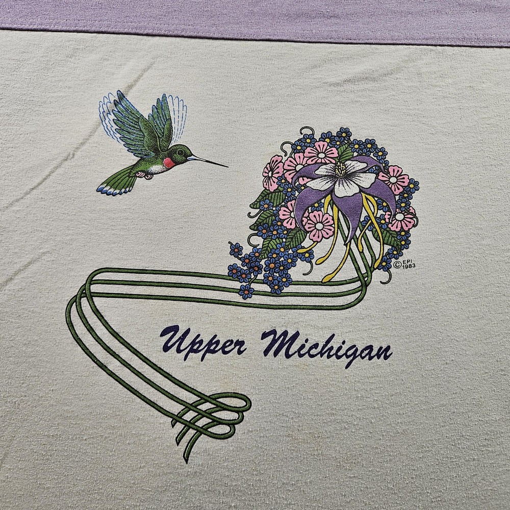 VINTAGE Upper Michigan Shirt Womens Large Purple Cream Hummingbird Souvenir 80s