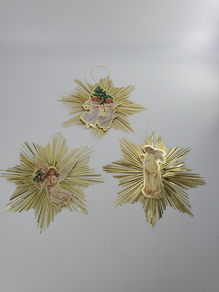 Set Of 3 Victorian Style Paper Die Cut Gold Starburst Christmas Ornaments, 6½