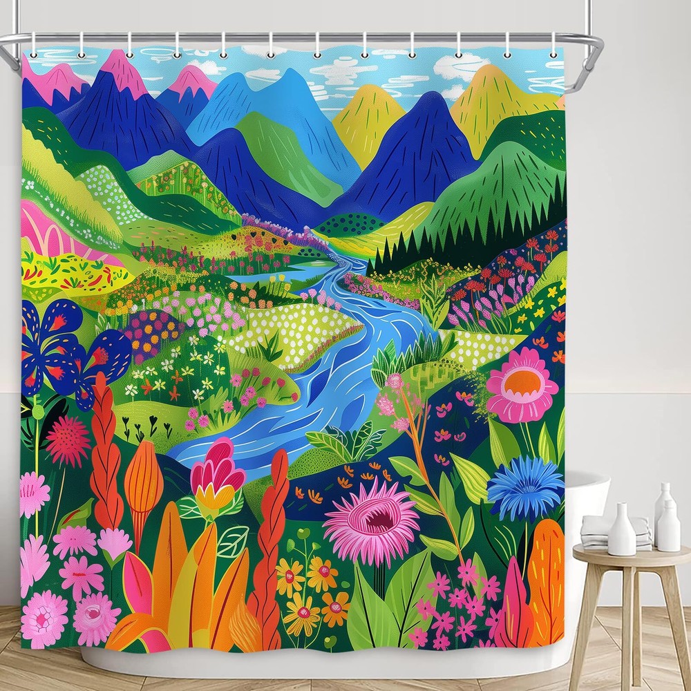 Abstract Mountain Shower Curtain Decor Watercolor Art Painting Nature Forest ...-image