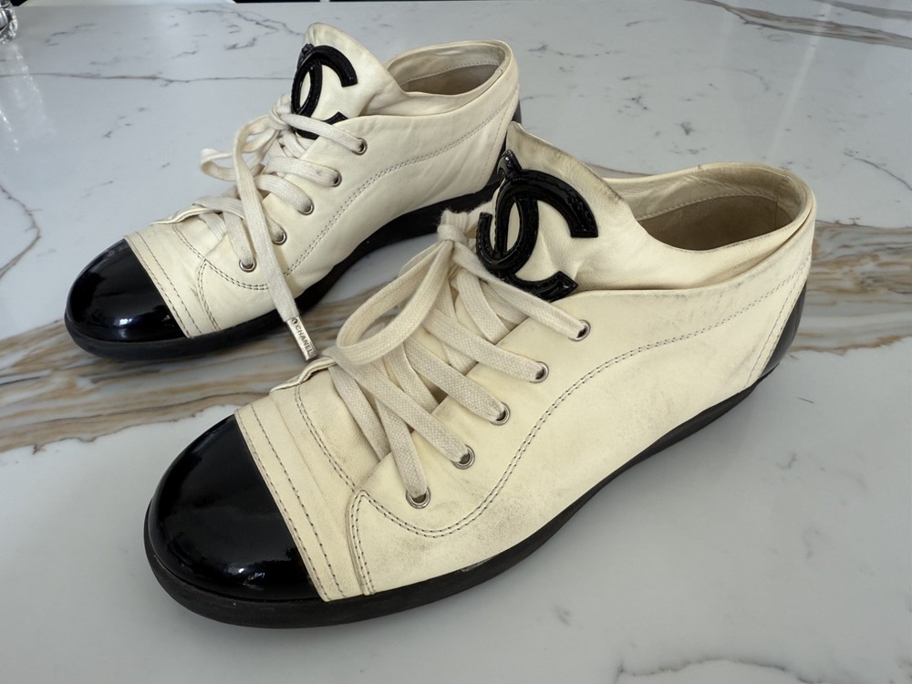 Vintage Chanel Lace Up Sneakers Ivory Leather Black Patent Toe CC Logo Italy