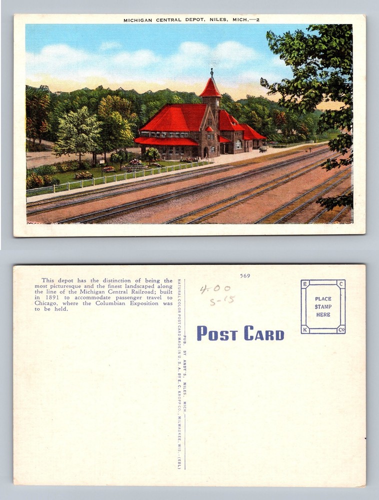 Niles, MI-Michigan, Central Depot Railroad Building View Old Vintage Postcard