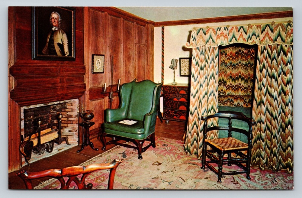 Inside Sheldon-Hawks House Bedroom Deerfield, Massachusetts VINTAGE Postcard