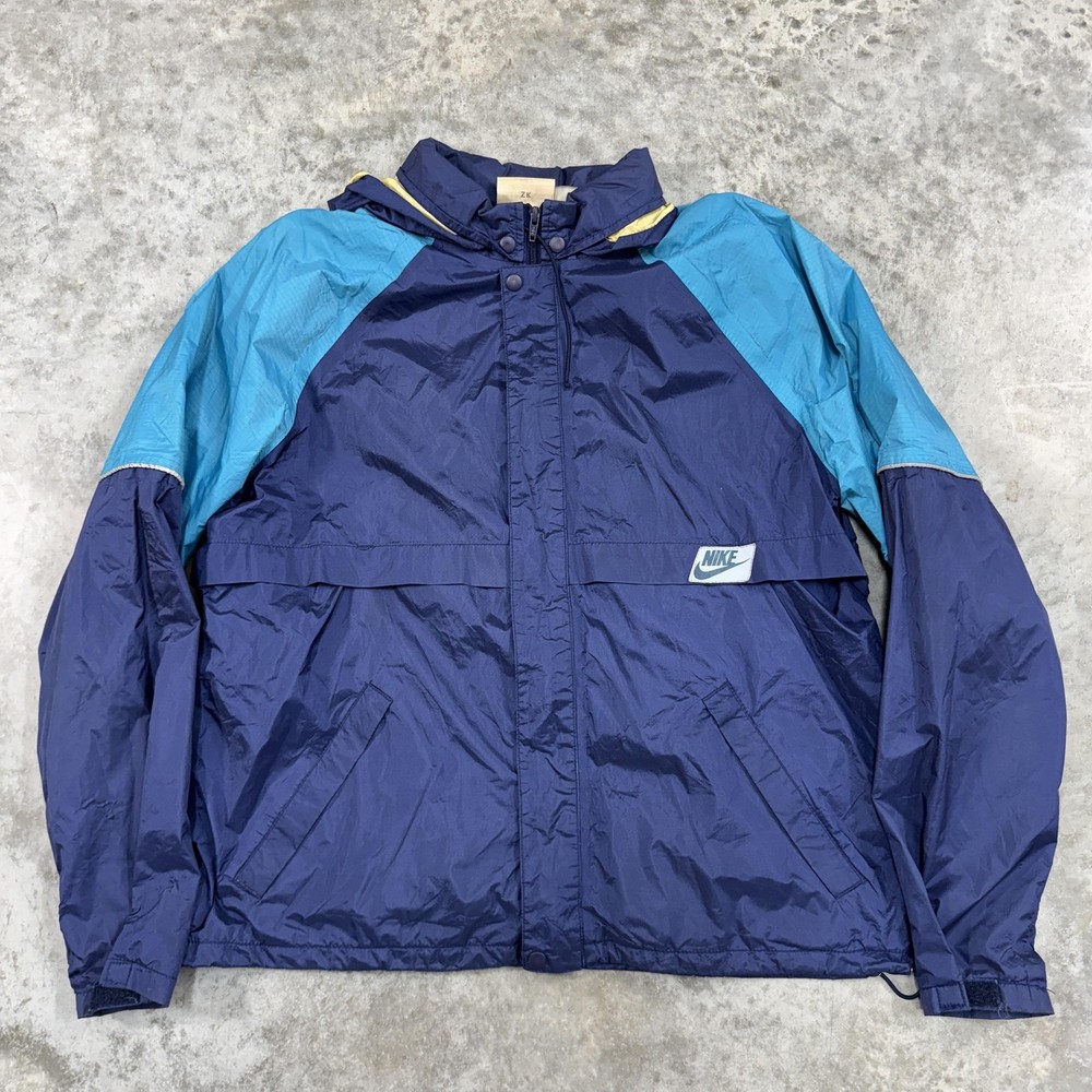Vintage Nike Jacket Mens Large Blue Teal Hooded Windbreaker Retro 90s Swoosh