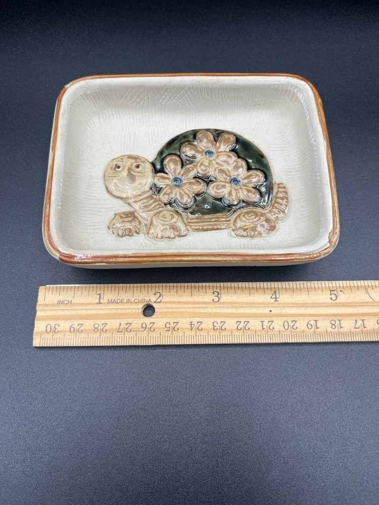 Vintage Takahashi Pottery Turtle Trinket/Soap Dish Flowers Rectangle MCM