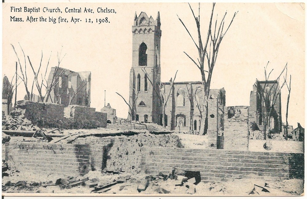 First Baptist Church After 1908 Fire in Chelsea MA Postcard