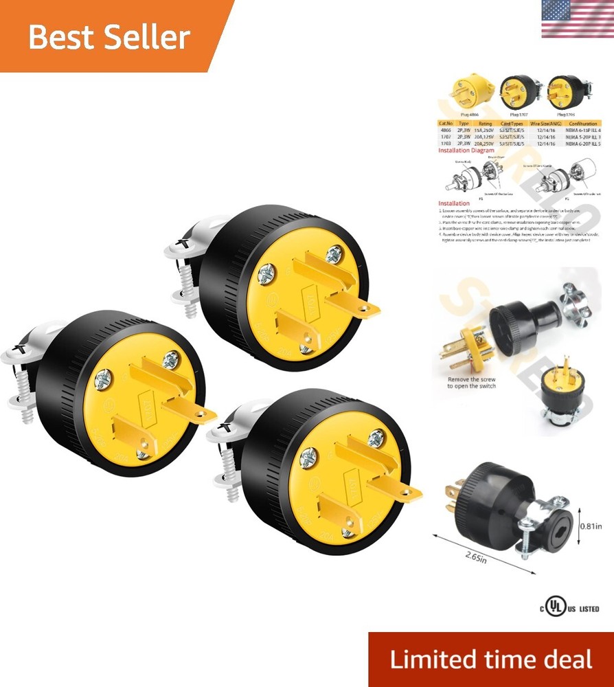 Durable ABS Electrical Plug Replacement - 3 Prong, 250V 20A with Cord Clamp-image