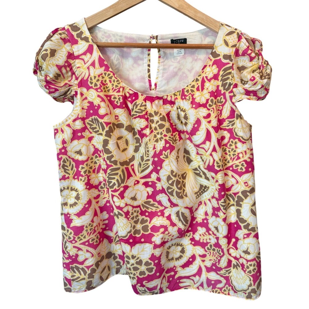 J.Crew Womens Floral Puff Sleeve Cotton Blouse Pink Yellow Size 12 Tropical