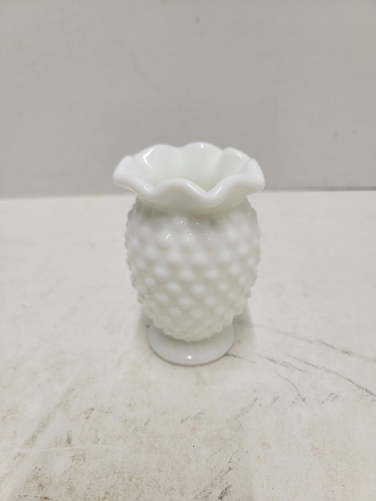 Vintage Fenton Hobnail White Milk Glass 8  Point Crimped Cupped Miniature Vase