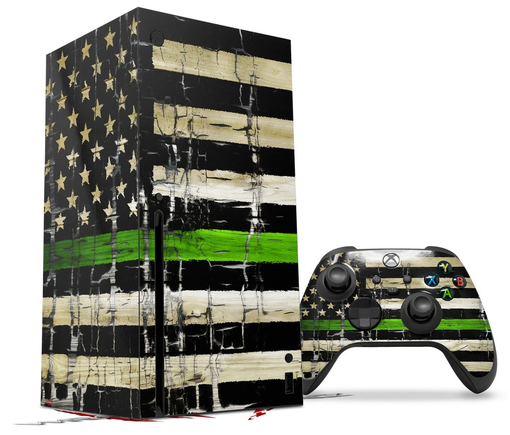 Skin Set for XBOX Series X Painted Faded Cracked Green Line USA American Flag