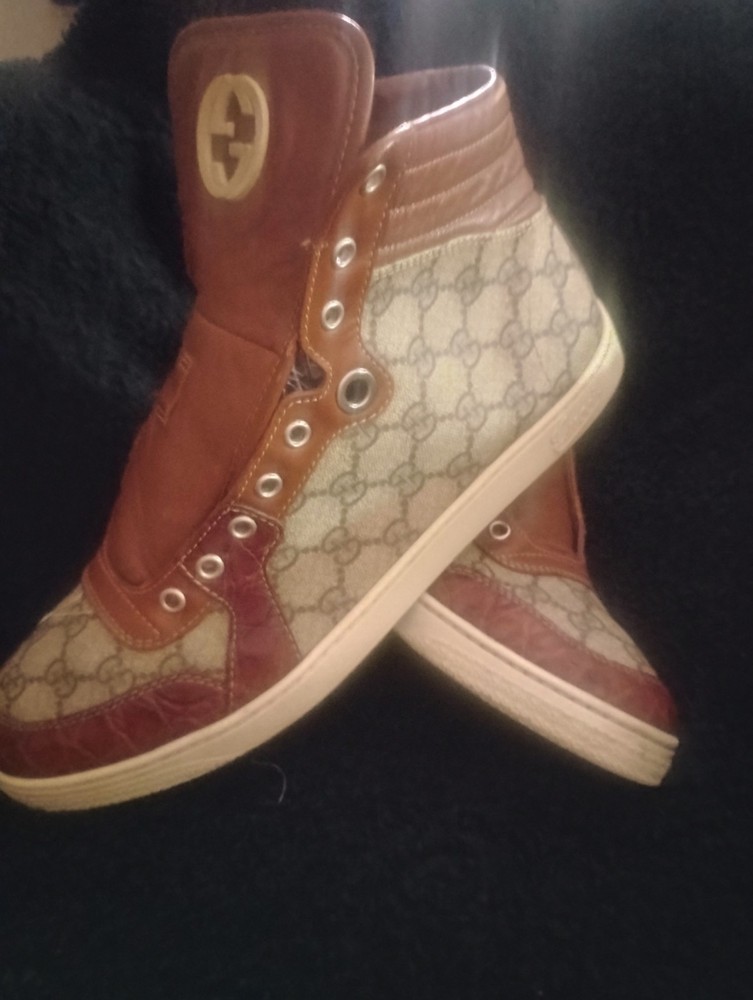 GUCCI GG Monogram Brown Beige Canvas High Top Sneakers Men's SZ 9 G