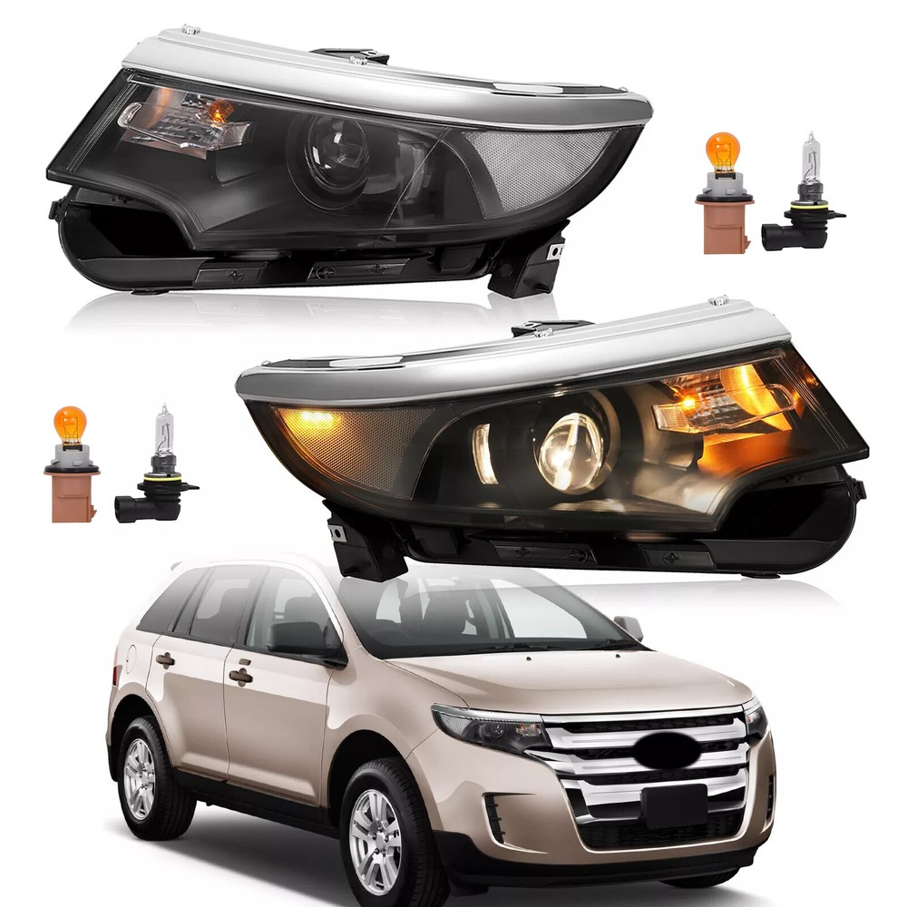 Halogen 5 Plugs Headlight For Ford Edge 2011 2012 2013 2014 Black Pair W/Bulbs