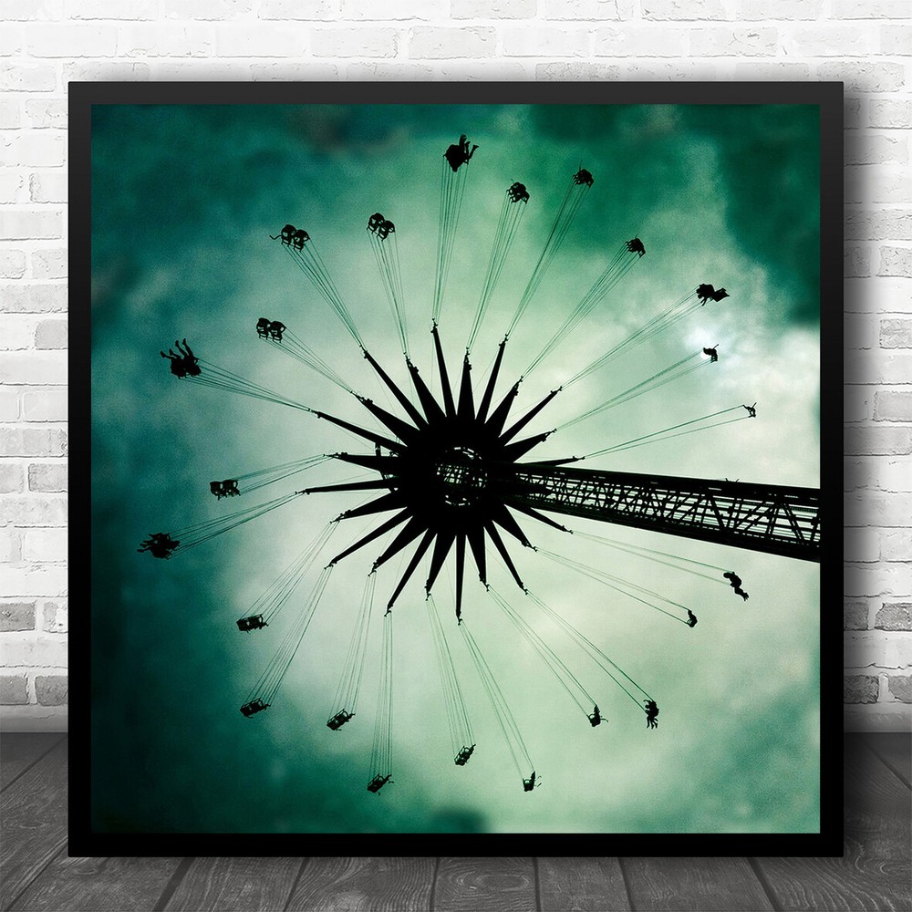 Carousel Green Clouds Fairground Swing Amusement Park Funfair Square Art Print